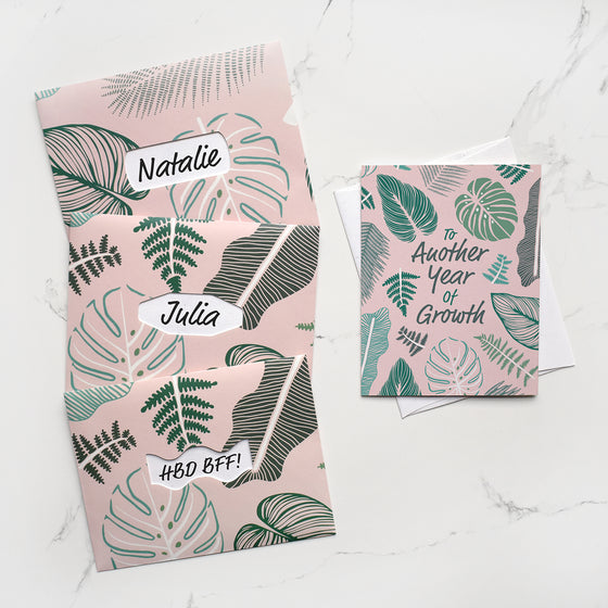Tropical Plant Leaves Pink & Green Birthday Greeting Card
