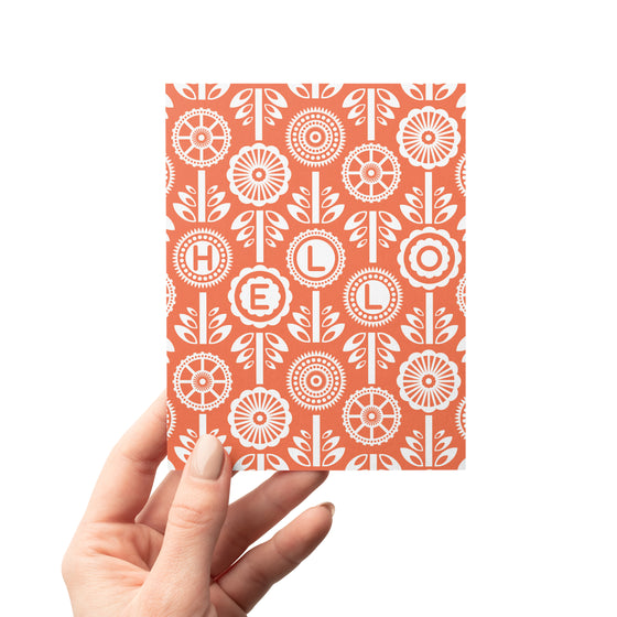 Hello Folk Art Inspired Orange Spring Flowers Greeting Card