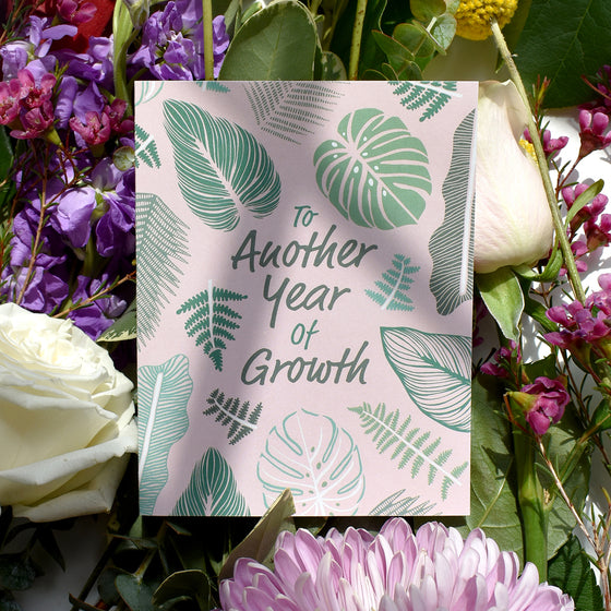 Tropical Plant Leaves Pink & Green Birthday Greeting Card