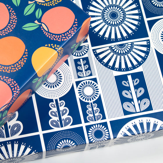 Blue Flower Folk Art Inspired Recycled Wrapping Paper